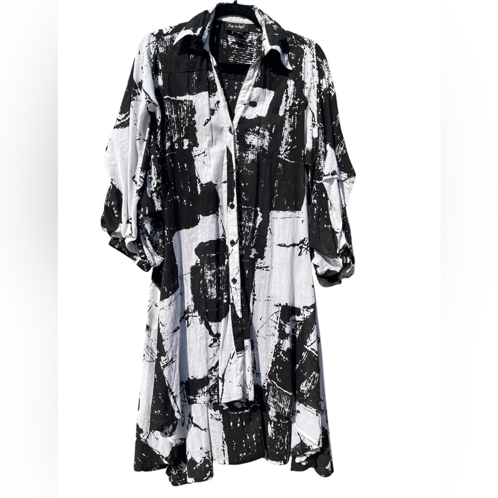 Step In Style Black and White Abstract Long Cotton Asymmetrical Shirt Dress